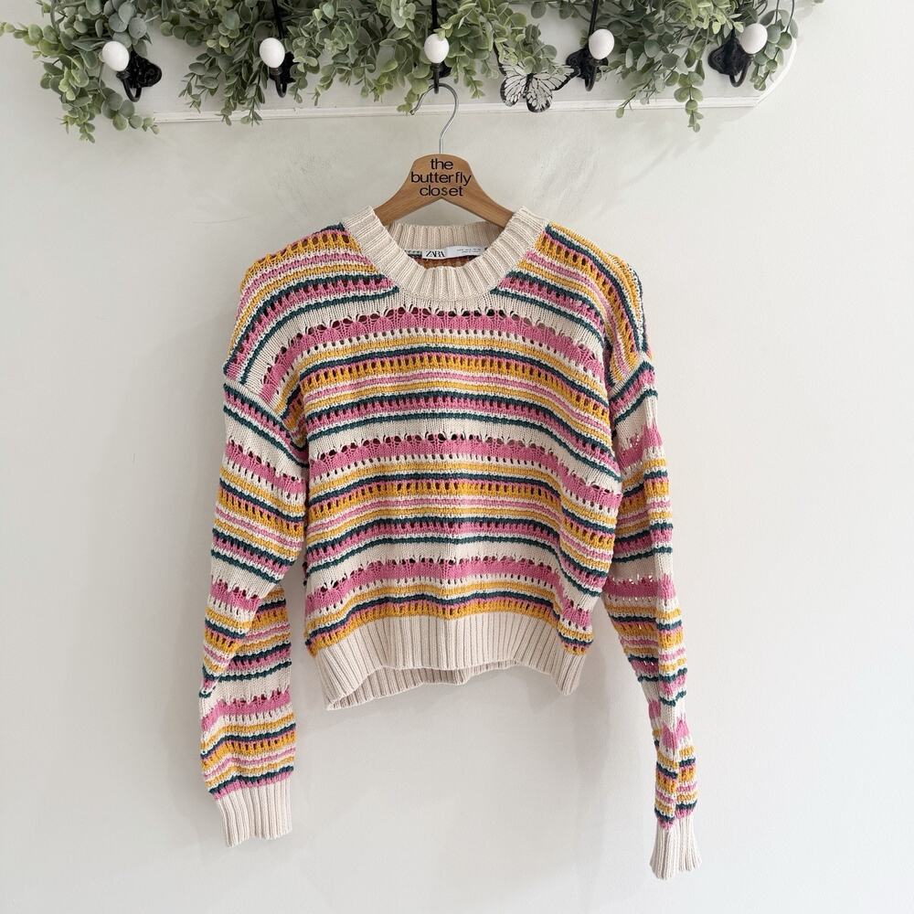 Zara Pink Multicolor Crochet Crop Sweater Small Boho Fairycore X6030
